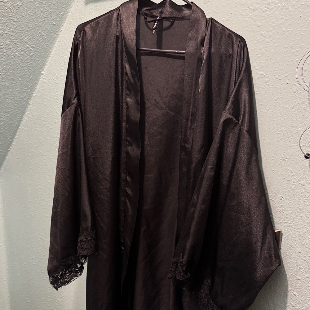 Torrid Black Satin Lace-Trim Robe